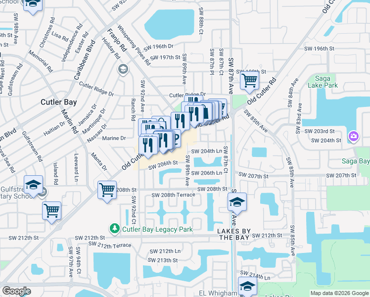 map of restaurants, bars, coffee shops, grocery stores, and more near 20555 Southwest 89th Avenue in Cutler Bay