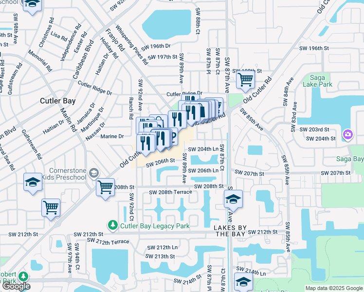 map of restaurants, bars, coffee shops, grocery stores, and more near 20555 Southwest 89th Avenue in Cutler Bay