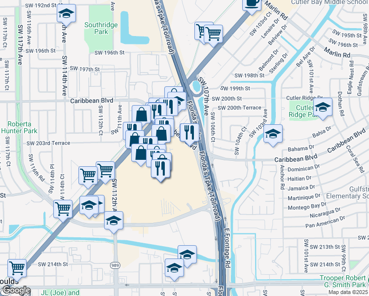 map of restaurants, bars, coffee shops, grocery stores, and more near 10808 Caribbean Boulevard in Miami