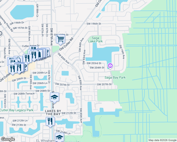 map of restaurants, bars, coffee shops, grocery stores, and more near 8251 Southwest 204th Street in Cutler Bay