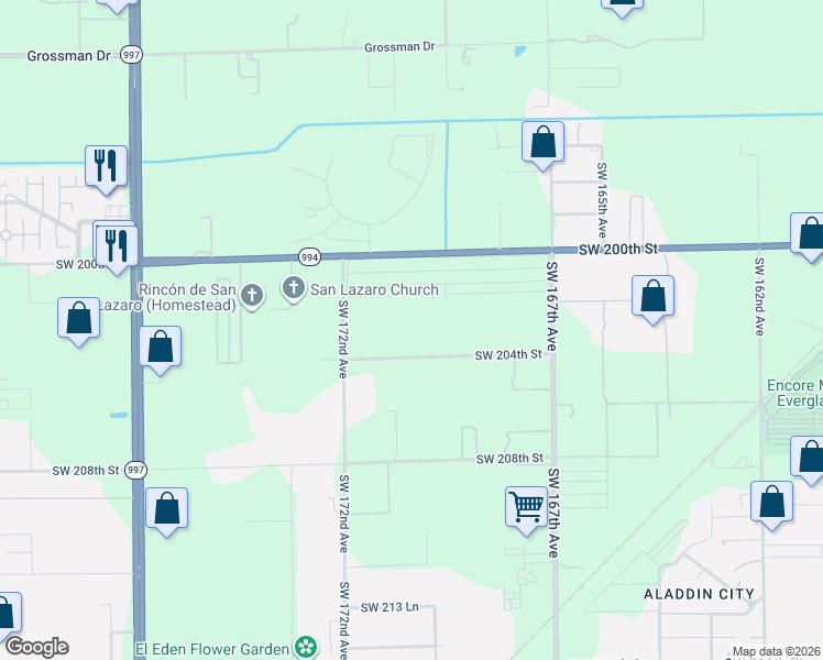 map of restaurants, bars, coffee shops, grocery stores, and more near 16901 Southwest 204th Street in Miami