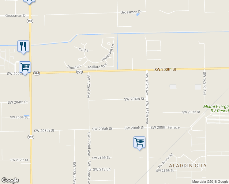 map of restaurants, bars, coffee shops, grocery stores, and more near 16901 Southwest 204th Street in Miami