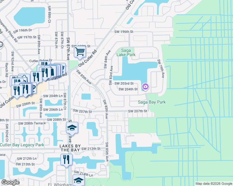map of restaurants, bars, coffee shops, grocery stores, and more near 8251 Southwest 204th Street in Cutler Bay