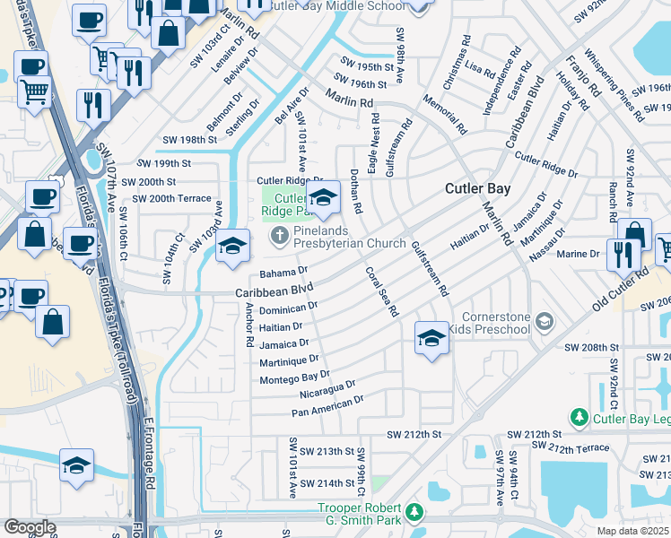 map of restaurants, bars, coffee shops, grocery stores, and more near 9960 Bahama Drive in Cutler Bay