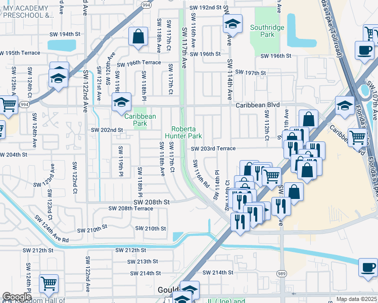 map of restaurants, bars, coffee shops, grocery stores, and more near 20311 Southwest 117th Avenue in Miami