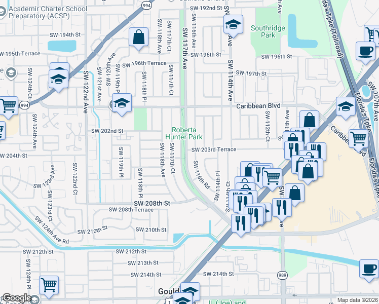 map of restaurants, bars, coffee shops, grocery stores, and more near 20311 Southwest 117th Avenue in Miami