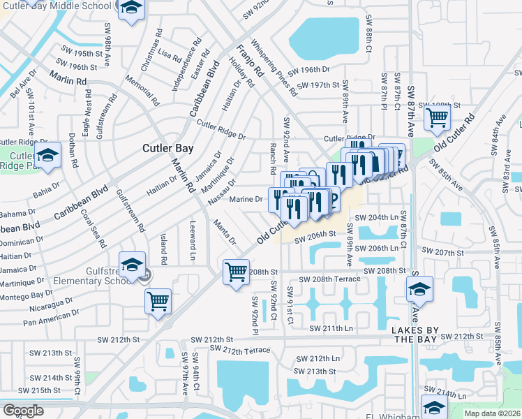 map of restaurants, bars, coffee shops, grocery stores, and more near 9260 Marine Drive in Cutler Bay