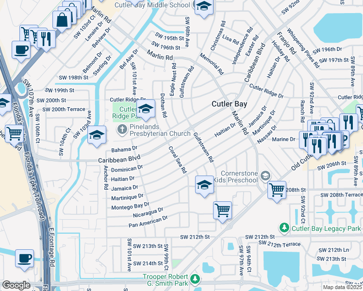 map of restaurants, bars, coffee shops, grocery stores, and more near 9821 Dominican Drive in Cutler Bay