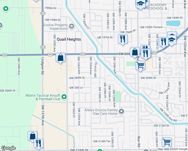map of restaurants, bars, coffee shops, grocery stores, and more near 20304 Southwest 131st Court in Miami