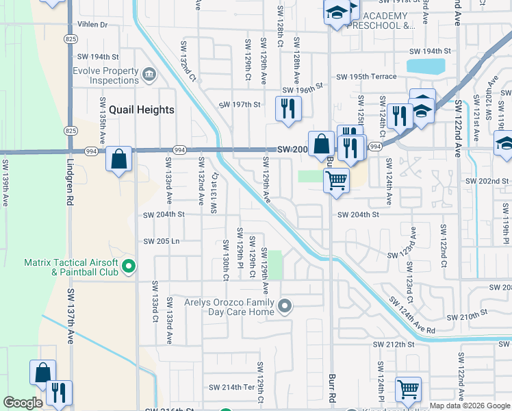 map of restaurants, bars, coffee shops, grocery stores, and more near 20367 Southwest 129th Court in Miami