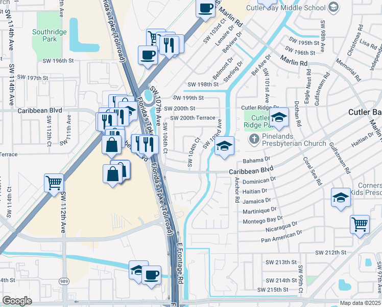 map of restaurants, bars, coffee shops, grocery stores, and more near 20240 Southwest 103rd Avenue in Cutler Bay