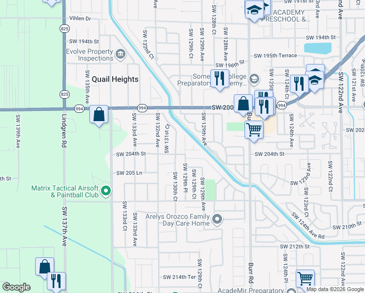 map of restaurants, bars, coffee shops, grocery stores, and more near 20370 Southwest 129th Place in Miami