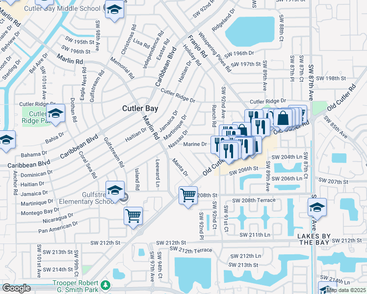 map of restaurants, bars, coffee shops, grocery stores, and more near 9340 Marine Dr in Cutler Bay