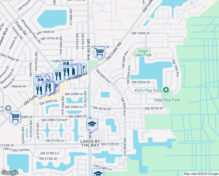 map of restaurants, bars, coffee shops, grocery stores, and more near 20276 Southwest 85th Avenue in Cutler Bay