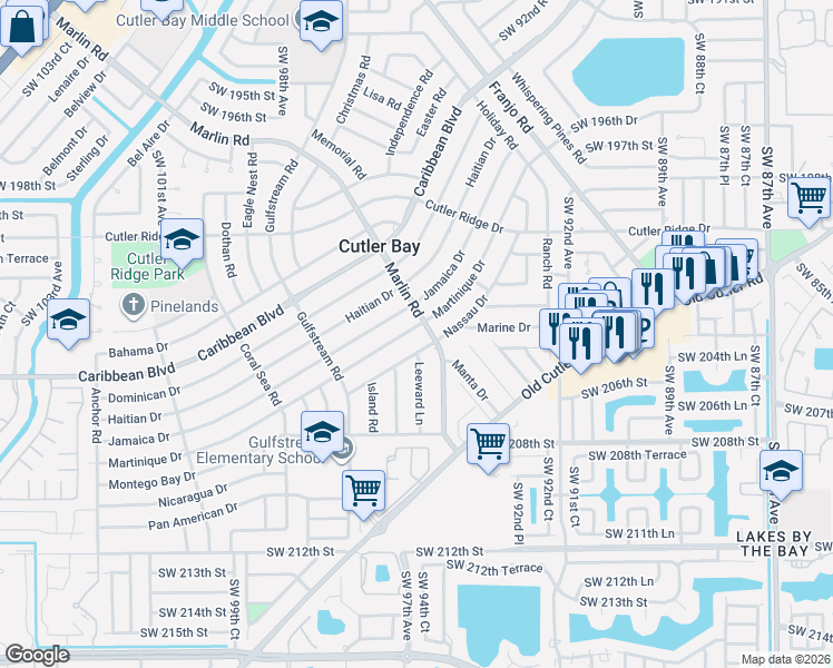 map of restaurants, bars, coffee shops, grocery stores, and more near 9531 Martinique Drive in Cutler Bay