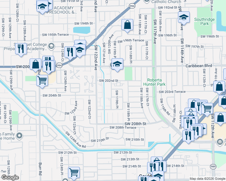 map of restaurants, bars, coffee shops, grocery stores, and more near 20301 Southwest 120th Avenue in Miami