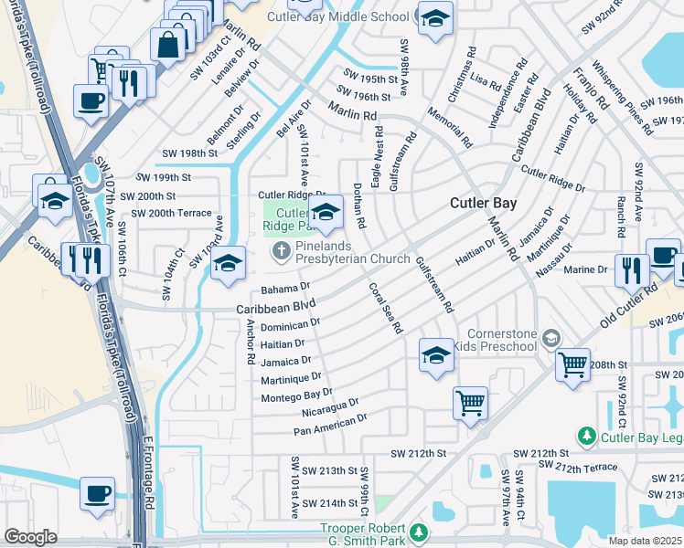 map of restaurants, bars, coffee shops, grocery stores, and more near 9960 Bahama Drive in Cutler Bay