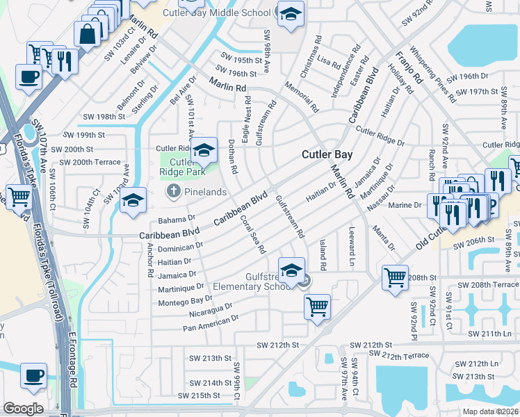 map of restaurants, bars, coffee shops, grocery stores, and more near 9821 Dominican Drive in Cutler Bay