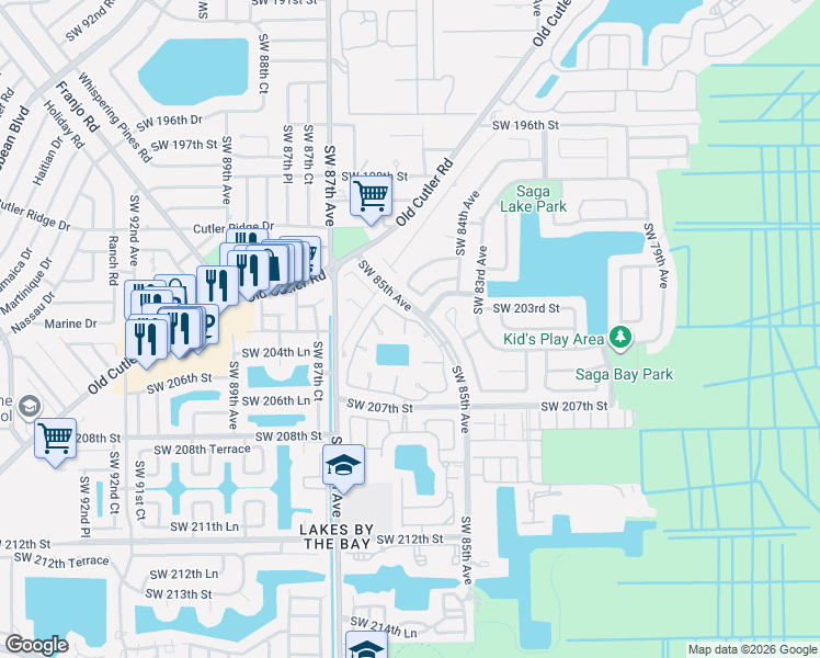 map of restaurants, bars, coffee shops, grocery stores, and more near 20276 Southwest 85th Avenue in Cutler Bay