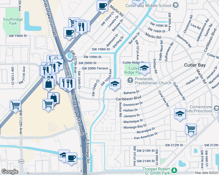 map of restaurants, bars, coffee shops, grocery stores, and more near 20340 Bel Aire Drive in Cutler Bay