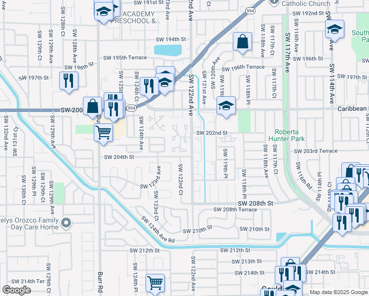 map of restaurants, bars, coffee shops, grocery stores, and more near 20286 Southwest 122nd Court East in Miami