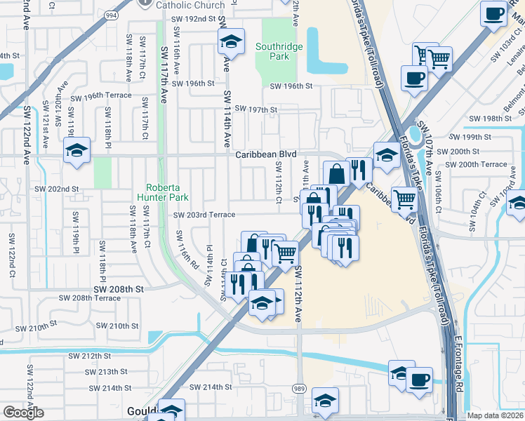 map of restaurants, bars, coffee shops, grocery stores, and more near 11241 Southwest 203rd Terrace in Miami