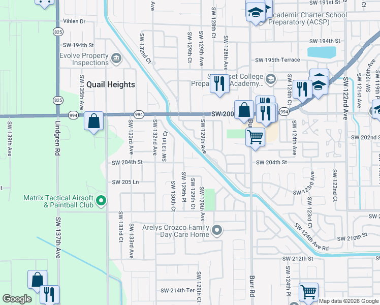 map of restaurants, bars, coffee shops, grocery stores, and more near 20367 Southwest 129th Court in Miami