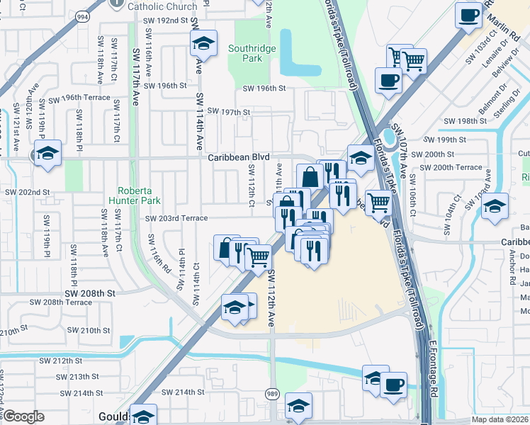 map of restaurants, bars, coffee shops, grocery stores, and more near 11201 Southwest 203rd Terrace in Miami
