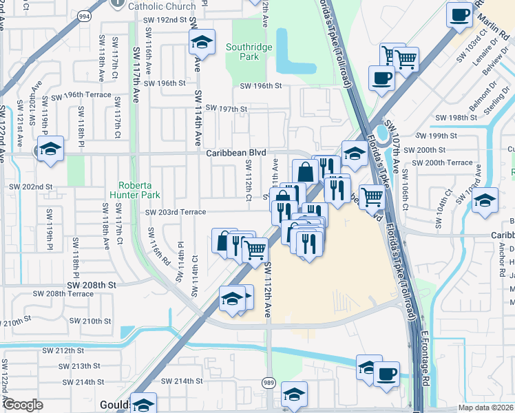 map of restaurants, bars, coffee shops, grocery stores, and more near 11201 Southwest 203rd Terrace in Miami