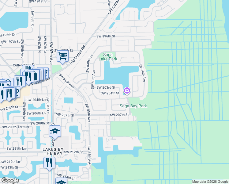 map of restaurants, bars, coffee shops, grocery stores, and more near 8141 Southwest 204th Street in Cutler Bay