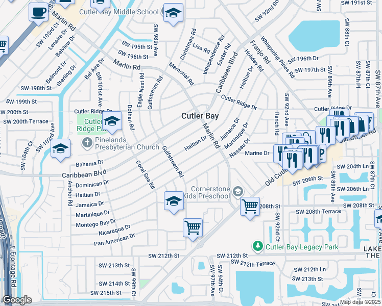 map of restaurants, bars, coffee shops, grocery stores, and more near 9601 Jamaica Drive in Cutler Bay