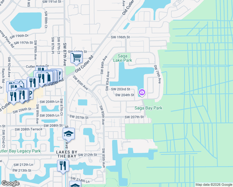 map of restaurants, bars, coffee shops, grocery stores, and more near 8251 Southwest 204th Street in Cutler Bay