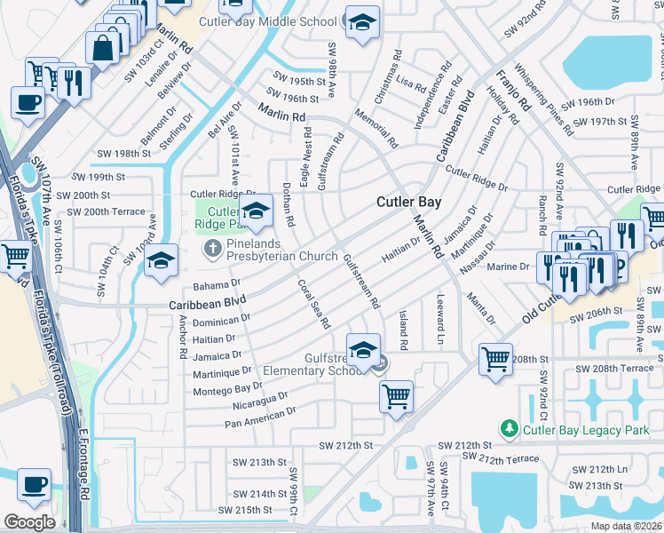 map of restaurants, bars, coffee shops, grocery stores, and more near 9821 Dominican Drive in Cutler Bay