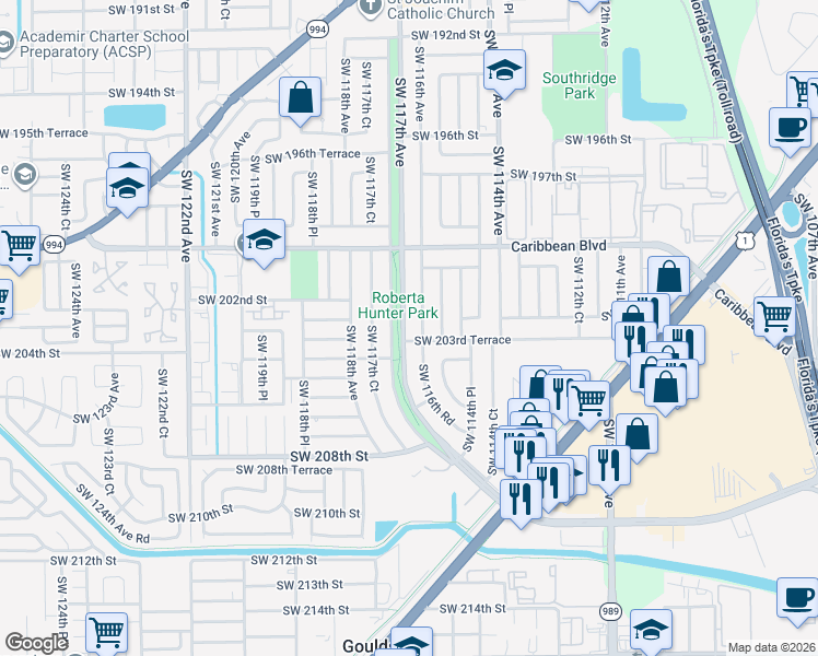map of restaurants, bars, coffee shops, grocery stores, and more near 20311 Southwest 117th Avenue in Miami