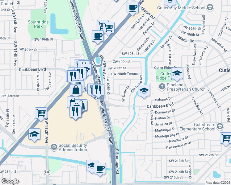 map of restaurants, bars, coffee shops, grocery stores, and more near 20310 Southwest 105th Avenue in Cutler Bay