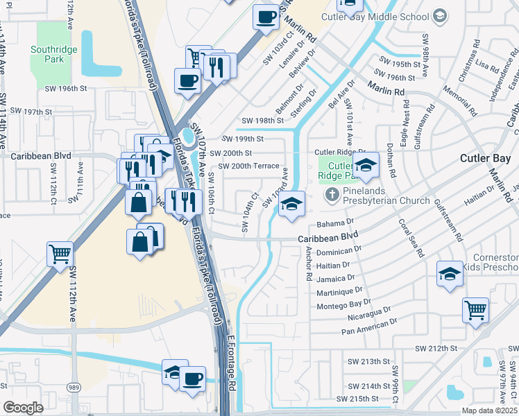 map of restaurants, bars, coffee shops, grocery stores, and more near 20240 Southwest 103rd Avenue in Cutler Bay