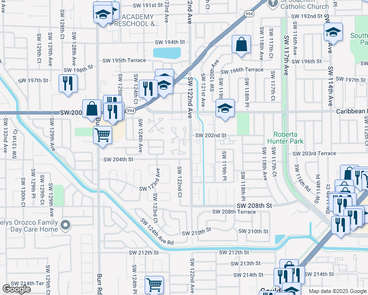 map of restaurants, bars, coffee shops, grocery stores, and more near 20286 Southwest 122nd Court East in Miami