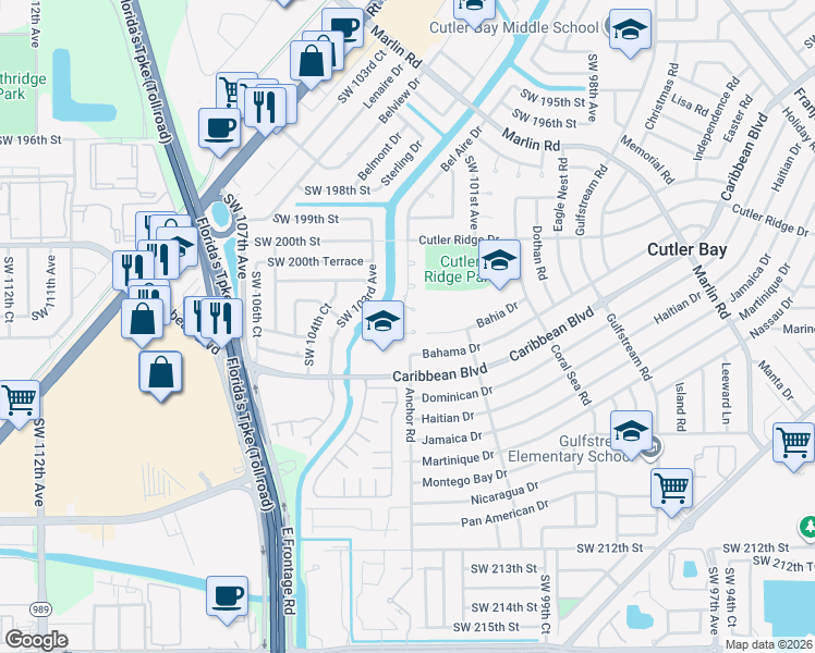 map of restaurants, bars, coffee shops, grocery stores, and more near 10195 Southwest 203rd Terrace in Cutler Bay