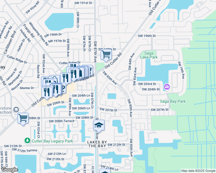 map of restaurants, bars, coffee shops, grocery stores, and more near 20276 Southwest 85th Avenue in Cutler Bay