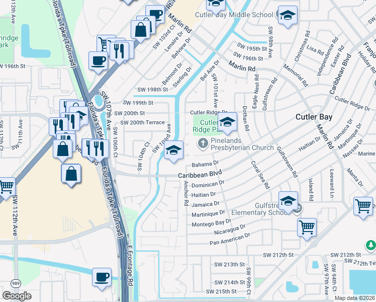 map of restaurants, bars, coffee shops, grocery stores, and more near 10195 Southwest 203rd Terrace in Cutler Bay