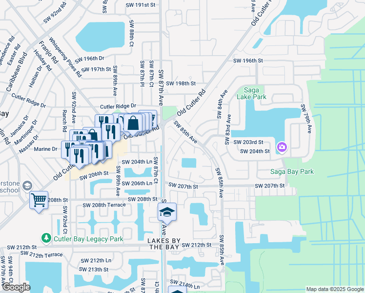 map of restaurants, bars, coffee shops, grocery stores, and more near 20276 Southwest 85th Avenue in Cutler Bay