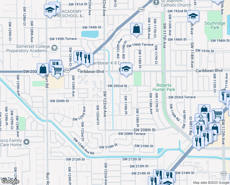 map of restaurants, bars, coffee shops, grocery stores, and more near 12140 Southwest 202nd Street in Miami