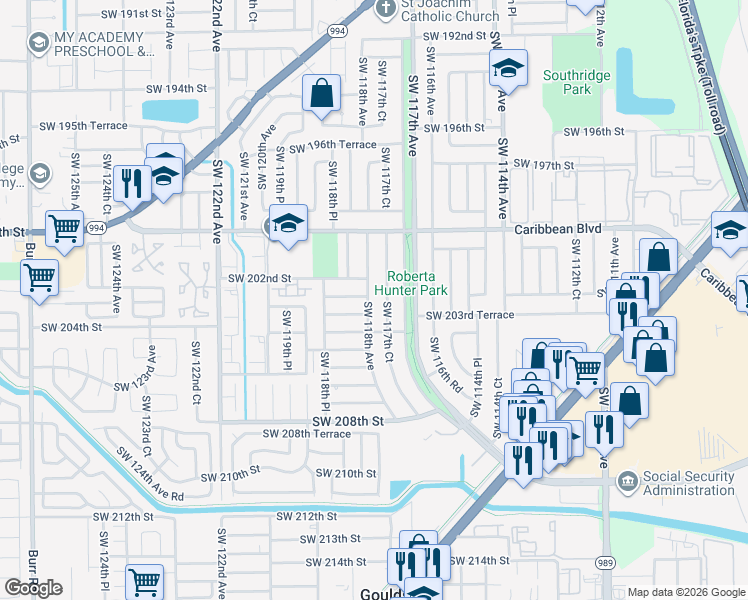 map of restaurants, bars, coffee shops, grocery stores, and more near 20310 Southwest 117th Court in Miami