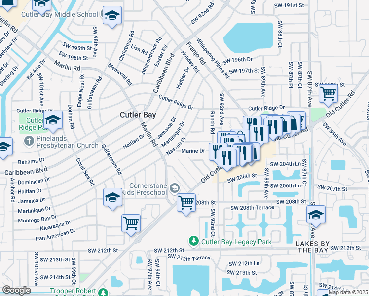 map of restaurants, bars, coffee shops, grocery stores, and more near 9340 Marine Drive in Cutler Bay