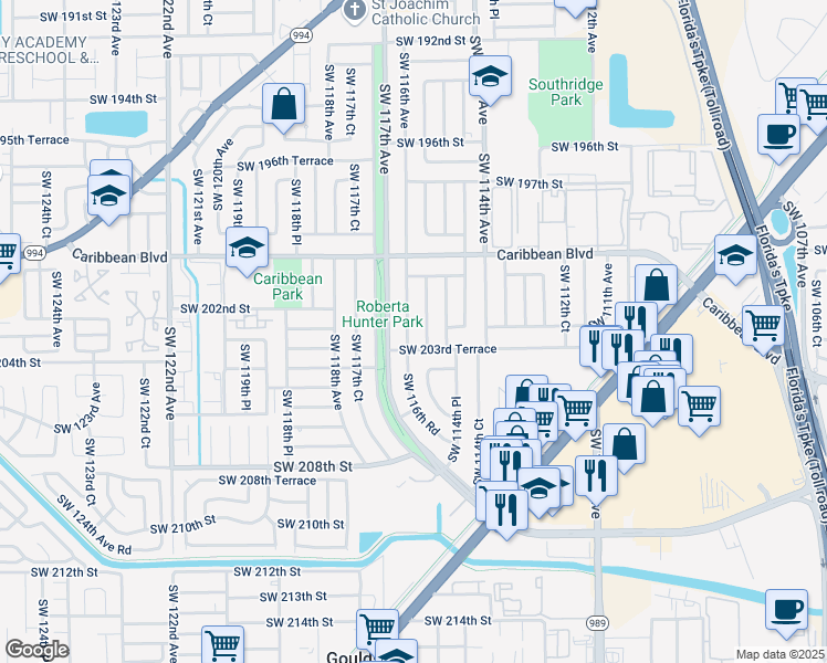 map of restaurants, bars, coffee shops, grocery stores, and more near in South Miami Heights