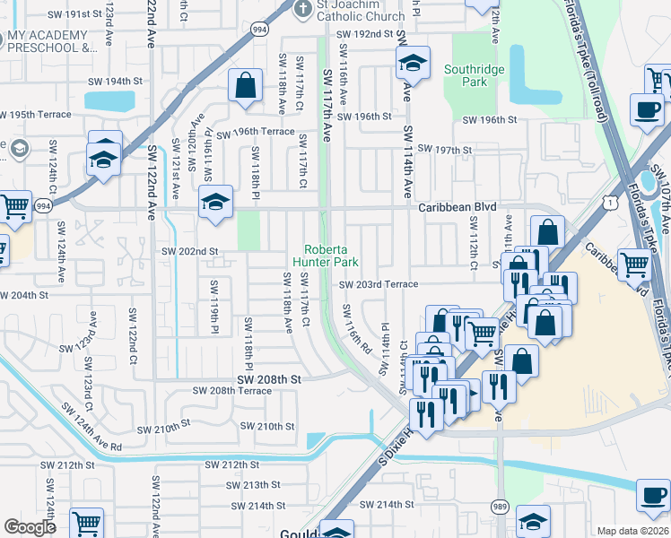 map of restaurants, bars, coffee shops, grocery stores, and more near 20311 Southwest 117th Avenue in Miami