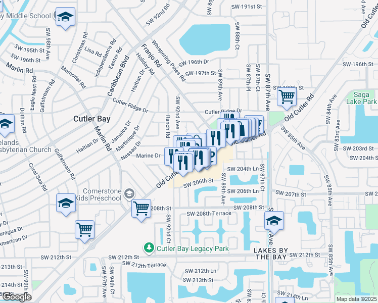 map of restaurants, bars, coffee shops, grocery stores, and more near 9110 Southwest 203rd Terrace in Cutler Bay