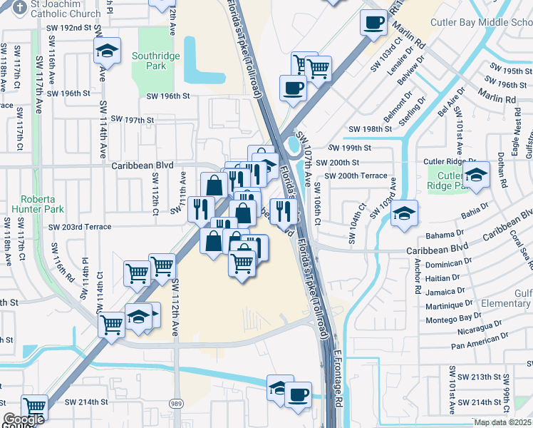 map of restaurants, bars, coffee shops, grocery stores, and more near 10808 Caribbean Blvd in Miami