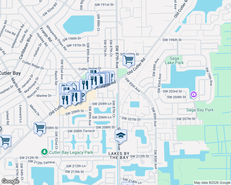 map of restaurants, bars, coffee shops, grocery stores, and more near 20366 Southwest 87th Court in Cutler Bay