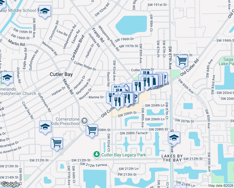 map of restaurants, bars, coffee shops, grocery stores, and more near 9110 Southwest 203rd Terrace in Cutler Bay